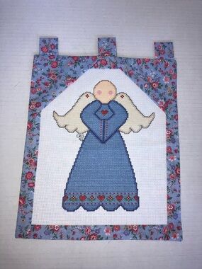 Handmade Cross Stitch Angel Wall Hanging in Blue & Pink Aprox 9x12”